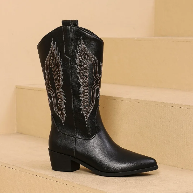 Botas occidentales para mujer, moda Otoño Invierno 2024, botas de vaquero de tacón grueso, estilo Vintage, botas de tacón alto de vaquera occidental campestre