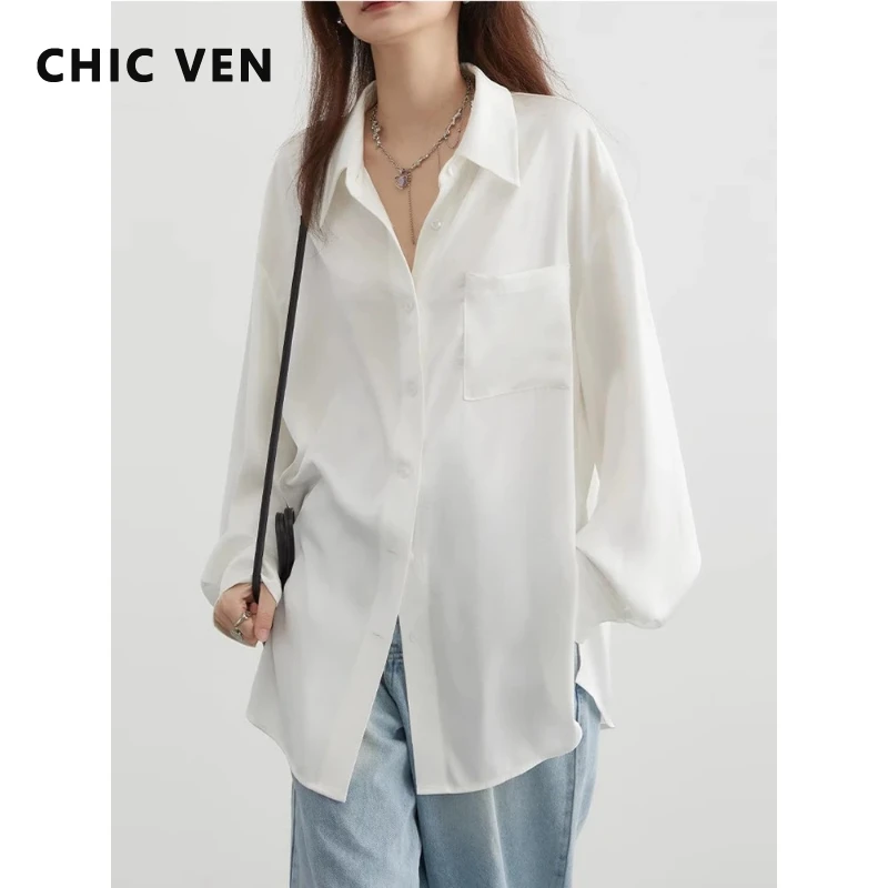 CHIC VEN Blusa de Moda para Mujer, Manga Larga, Blanca, Lisa, con Abertura Lateral, Holgada, para Oficina, Primavera Verano 2026