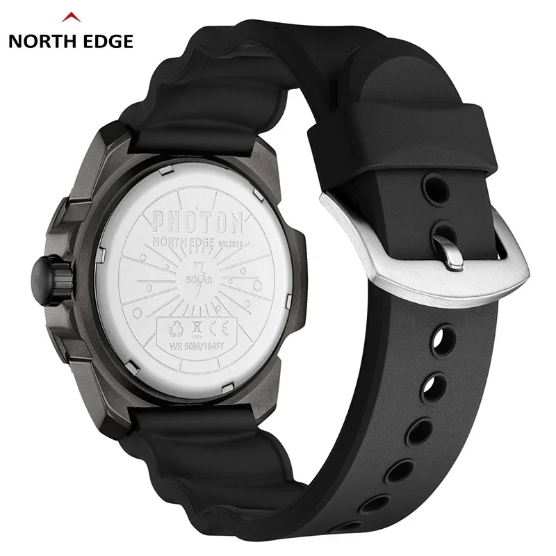 Reloj con caja de regalo NORTH EDGE para hombre, Reloj de cuarzo de moda PHOTON con energía Solar, resistente al agua hasta 50M, correa deportiva de silicona, Reloj para hombre
