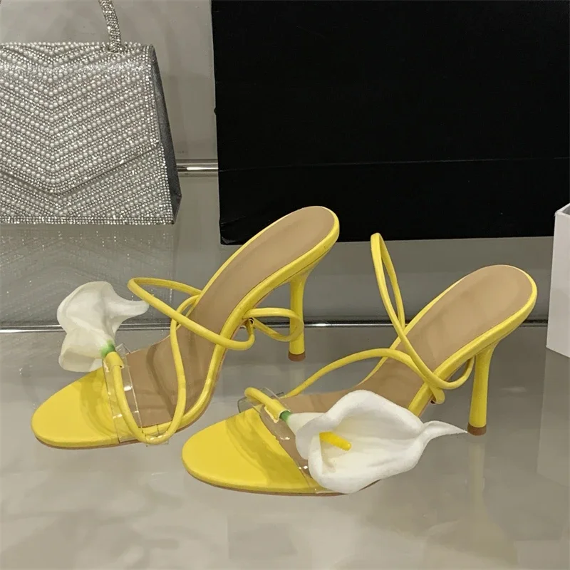 Eilyken, sandalias sexis de PVC transparente con flores y banda estrecha para mujer, estilo callejero, punta abierta, tacones altos finos, zapatos para fiesta y graduación