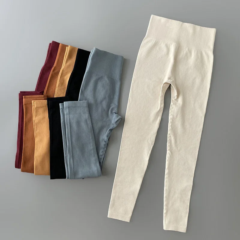 Pantalones de Yoga acanalados para mujer, mallas deportivas de cintura alta para gimnasio, mallas deportivas sin costuras para mujer, mallas de entrenamiento para correr con Control
