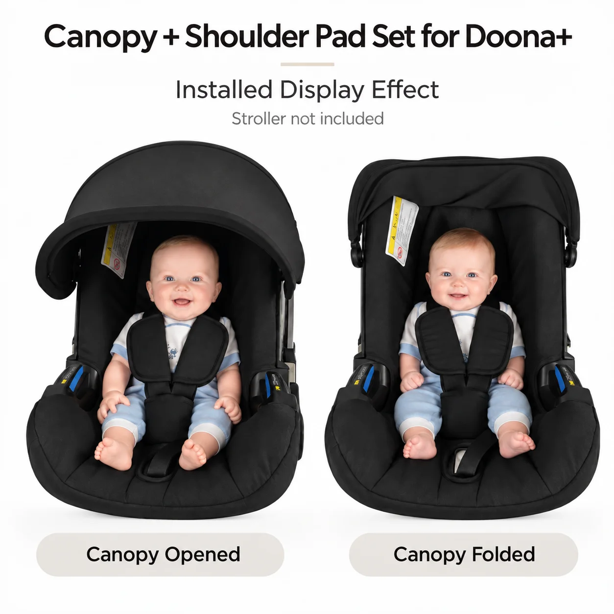 Juego de 3 piezas de repuesto: toldo y protectores para los hombros, compatibles con los asientos de coche y los cochecitos Doona+; diseño de tejido suave y acolchado.