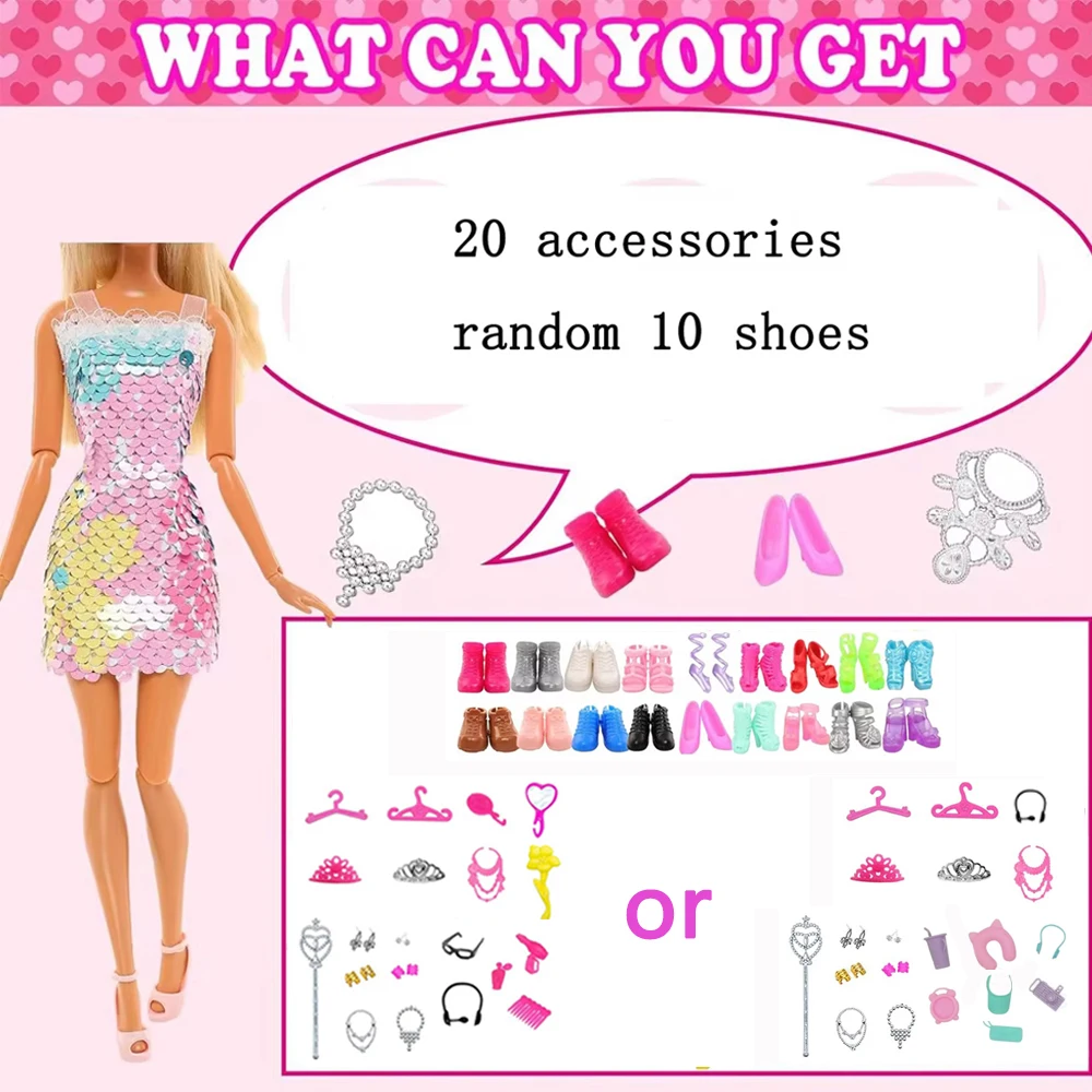45 piezas de ropa para muñecas de 11.5'' = 2 vestidos de novia, 2 blusas, 2 pantalones, 2 vestidos, 2 trajes de baño, 5 faldas con tirantes, 10 zapatos, 22 accesorios para muñecas de 30 cm.