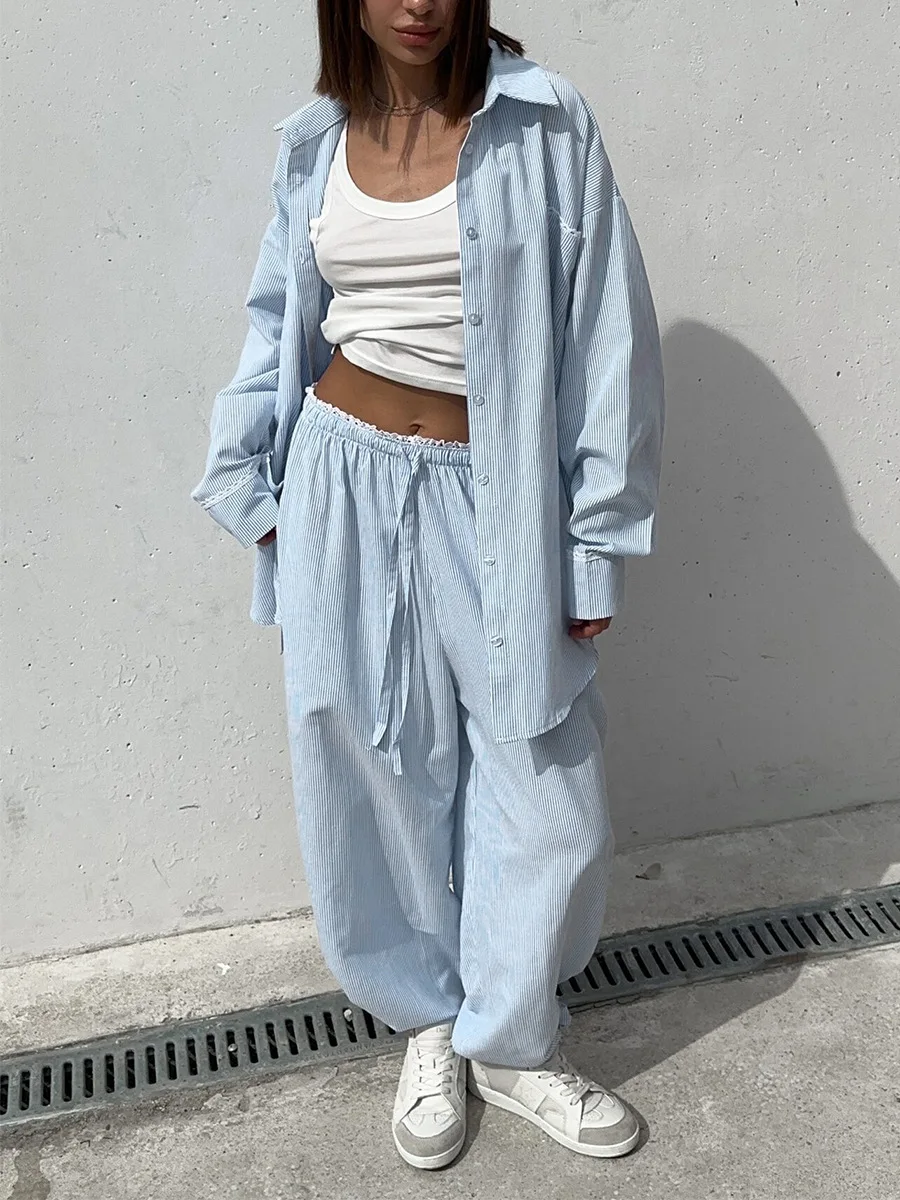 Conjunto de Pantalones Bornladies Primavera 2026, Camisa Holgada con Cuello y Patrón Vertical para Mujer, Conjunto de Pantalones Holgados con Encaje