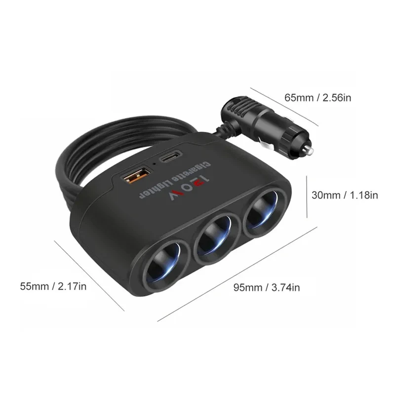 120W USB PD enchufe 3 en 1 divisor de encendedor de cigarrillos de coche 12V 24V enchufe de cargador rápido adaptador de corriente de teléfono para iPhone GPS Dashcam