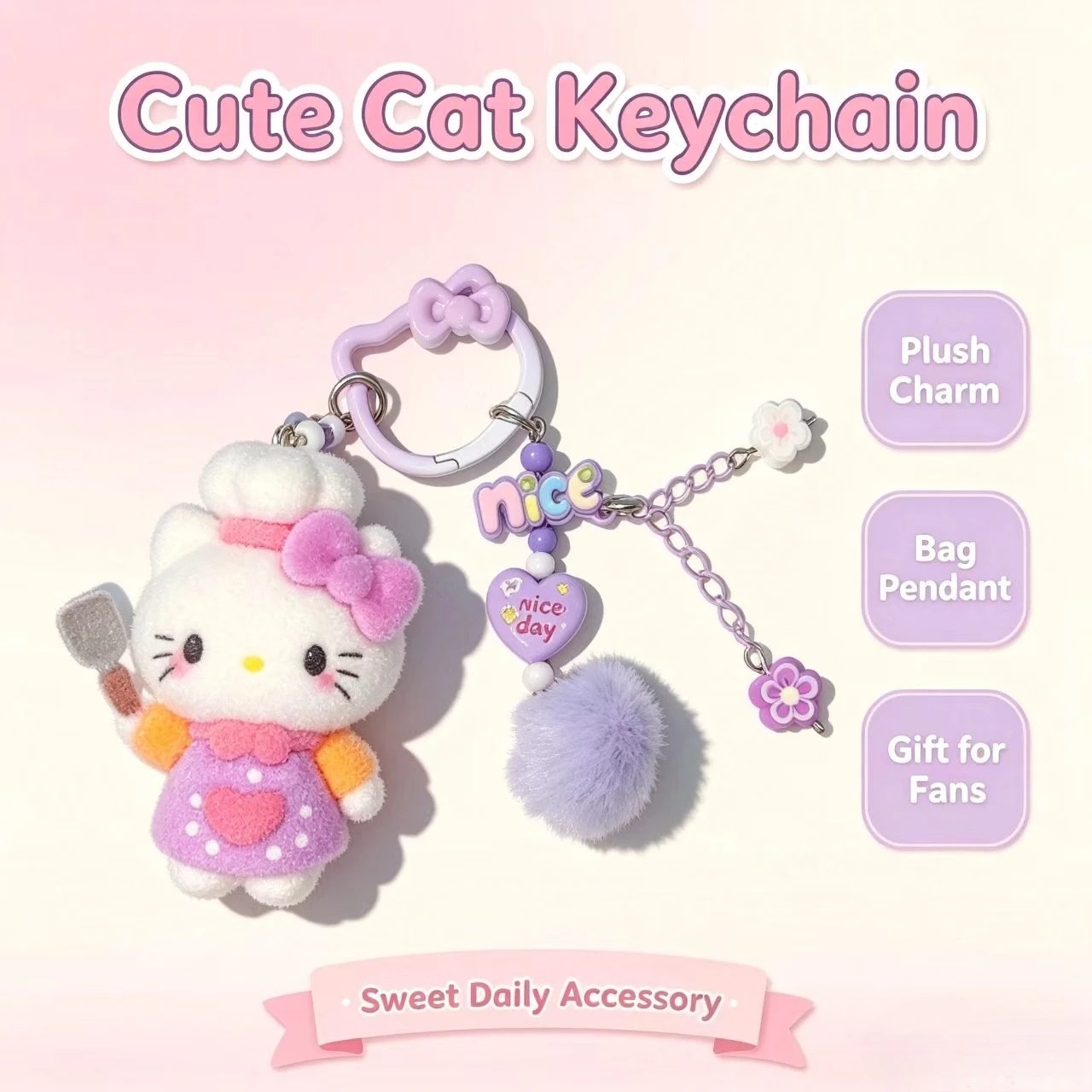 Lindo Llavero de Gato KT, Colgante de Muñeco Flocado para Bolso, Adorno de Flor con Pompón, Decoración de Moda para Llaves de Coche, Regalo