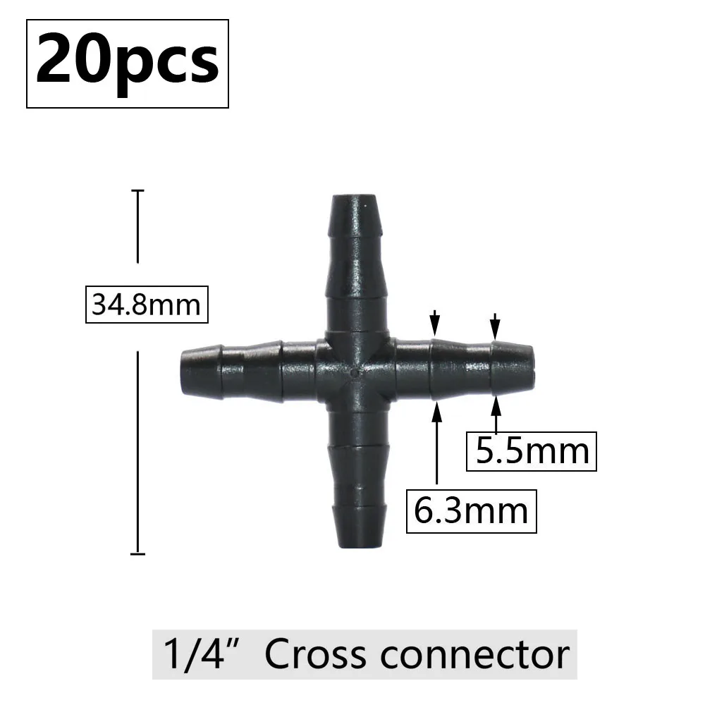 20 piezas conector de lengüeta para manguera de jardín, 3mm, 4mm, riego por goteo, 1/4 ''y 1/8'', conector para manguera, Tees, accesorios de púas con enchufe cruzado Eng
