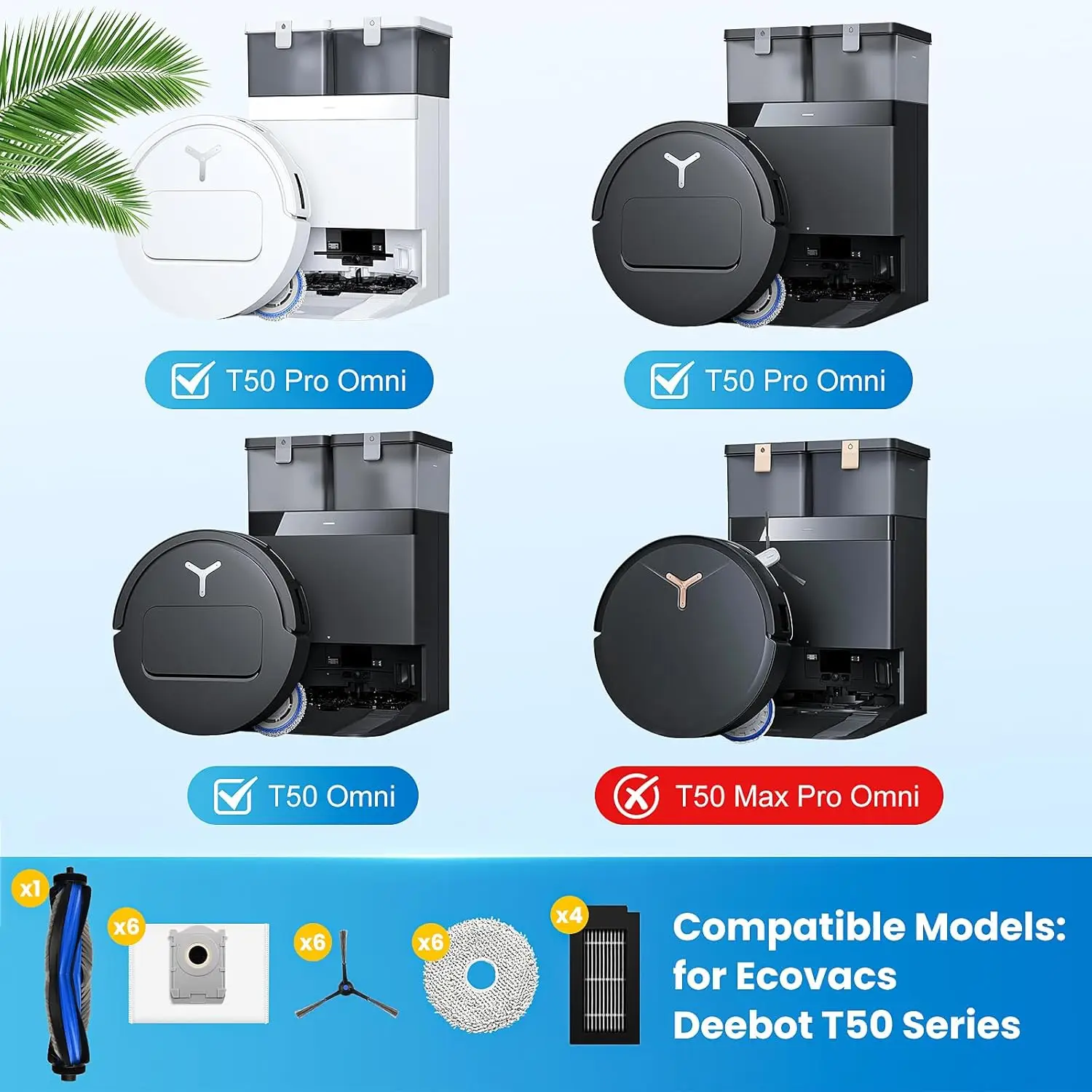 ECOVACS T50 PRO OMNI / T50 OMNI accesorios cepillos laterales principales paños de fregona filtros HEPA bolsas de polvo Robot repuestos de aspiradora