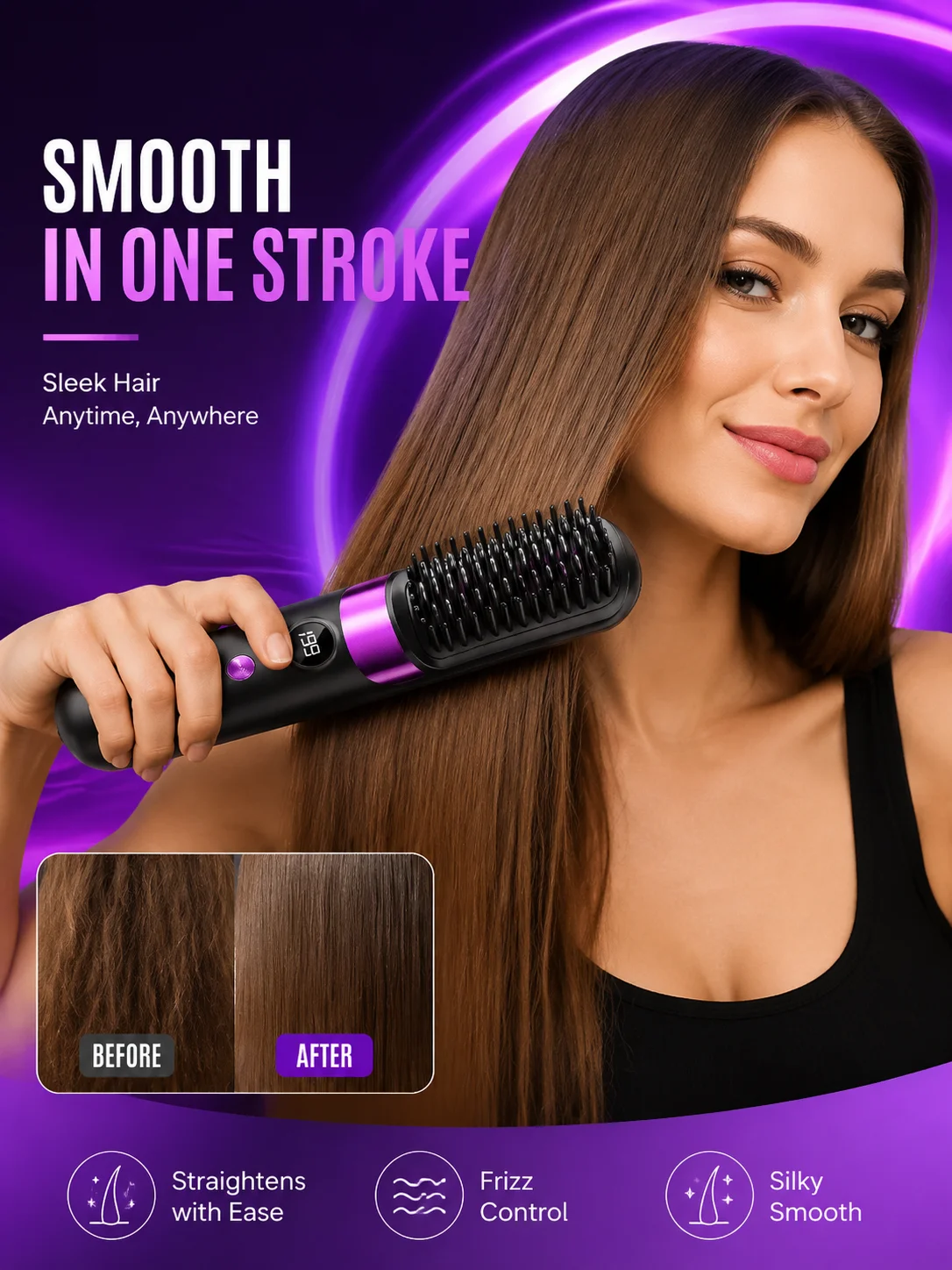 Cepillo Alisador de Cabello Portátil, Inalámbrico con Carga USB, Peine Caliente con Revestimiento Cerámico, Herramienta de Peinado Iónica Anti-Frizz