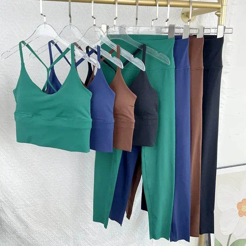Conjunto de Yoga de 2 piezas, ropa deportiva, trajes de Fitness, camisetas de Yoga sexis con espalda cruzada, mallas elásticas de cintura alta, ropa deportiva para correr
