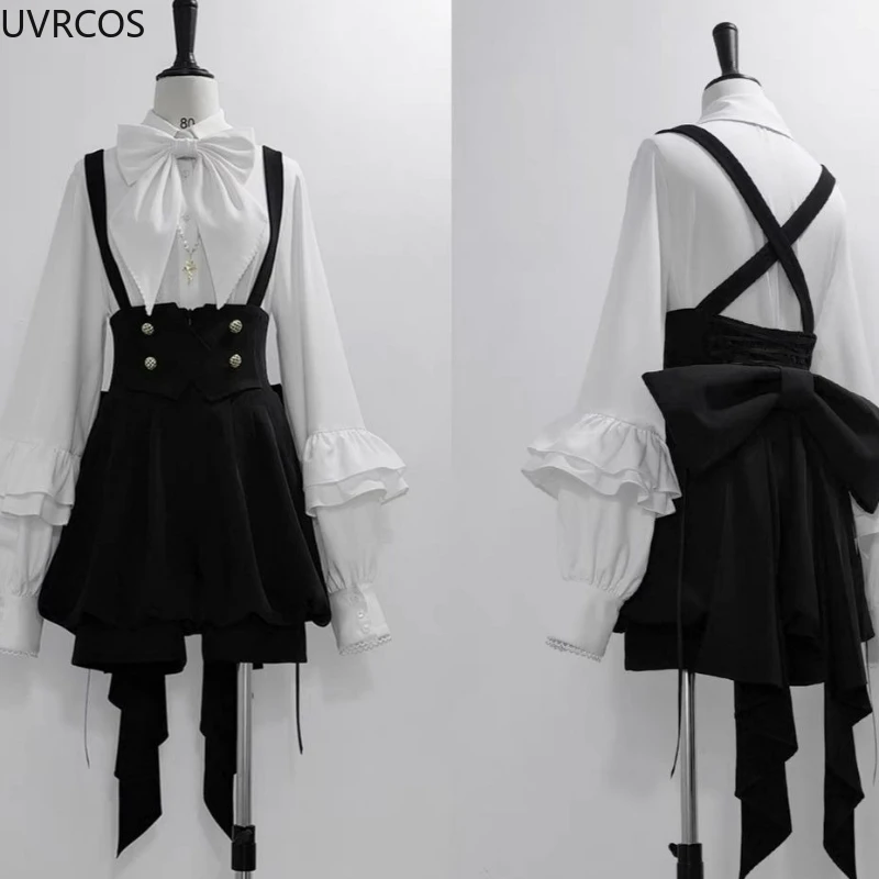 Conjunto gótico japonés Y2k de 2 piezas para mujer, camisas con lazo blanco dulce, falda con tirantes negros, Mini pantalones, traje de princesa Vintage informal