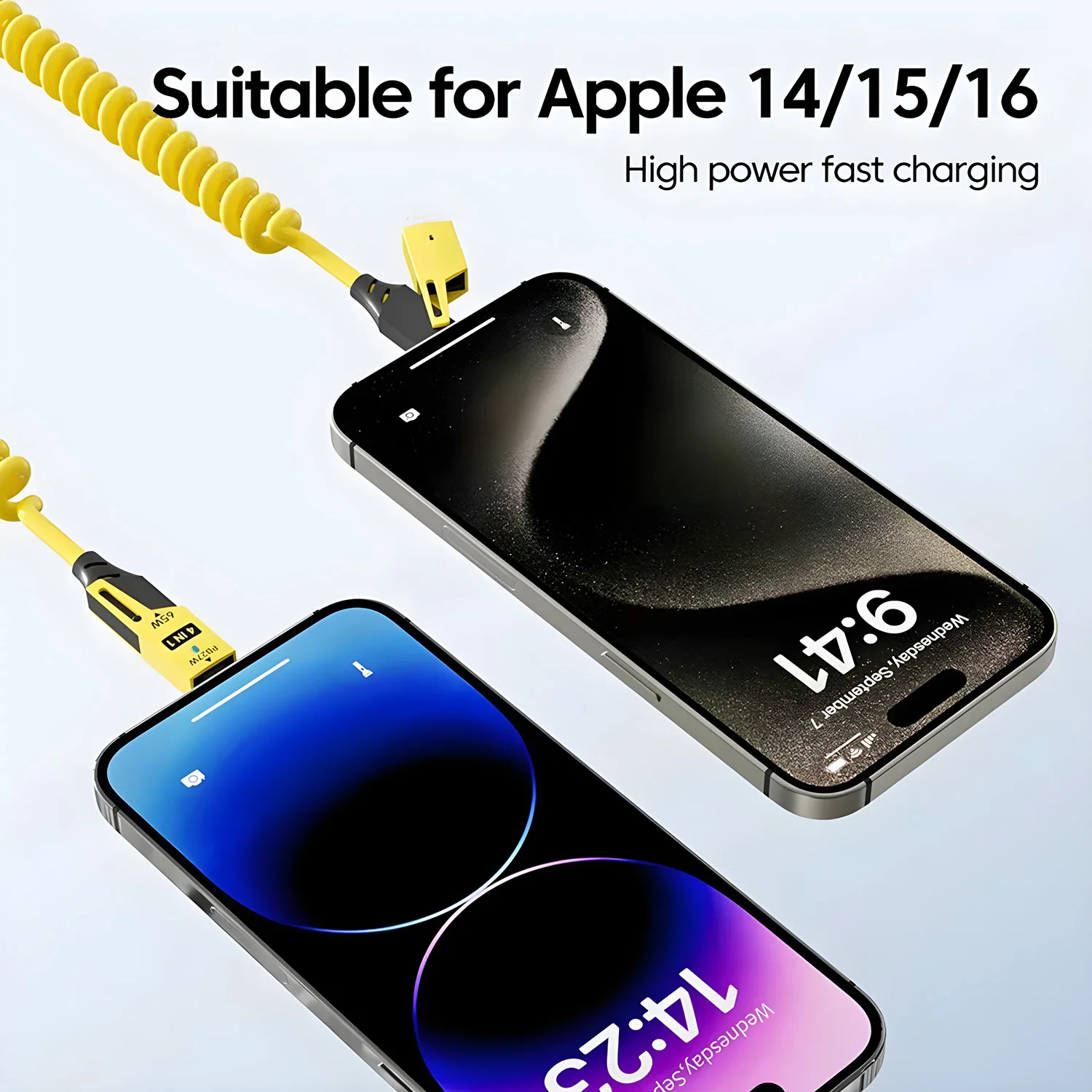 Cable USB de resorte de carga rápida de 65W, Cable de datos de resorte 4 en 1, Cable telescópico de resorte USB tipo C 6A para iPhone, iPad, MacBook, Huawei