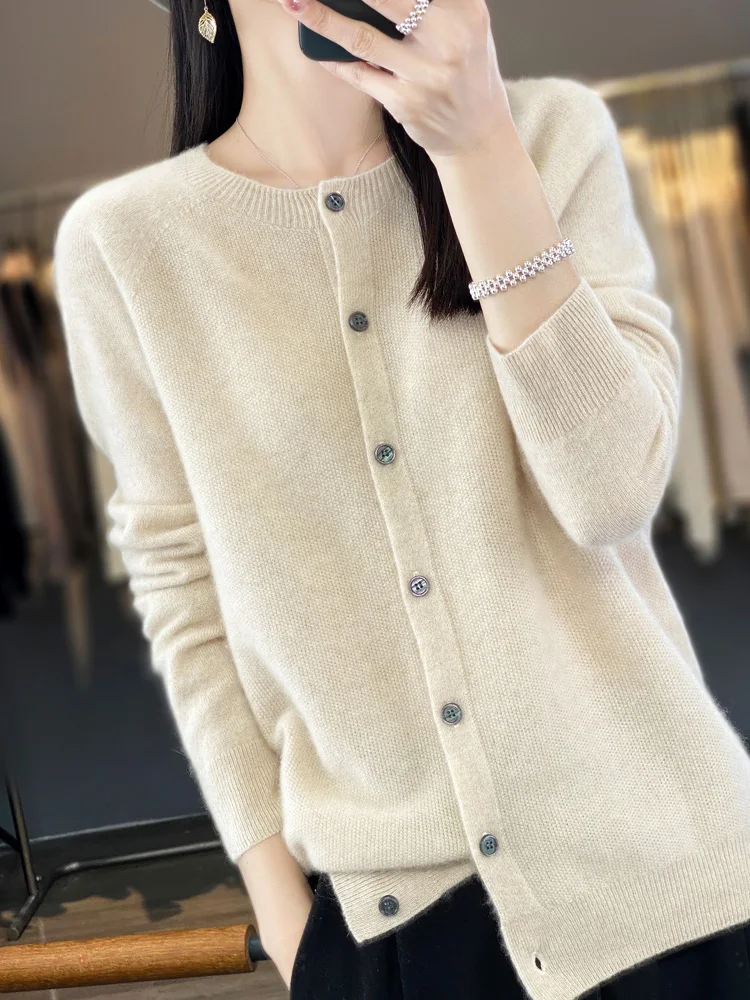 Suéteres de manga larga 100% lana merino para primavera y otoño, tops de punto con cuello redondo para mujer, ropa básica de moda