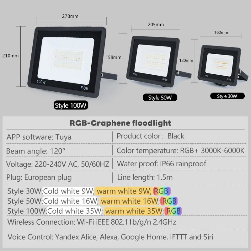 Reflector inteligente con Control por voz para iluminación exterior, reflector RGB con aplicación TUYA, RGBCW, CCT, 3000-6500K, 30W, 50W, 100W, 220V AC, para fiestas en el jardín