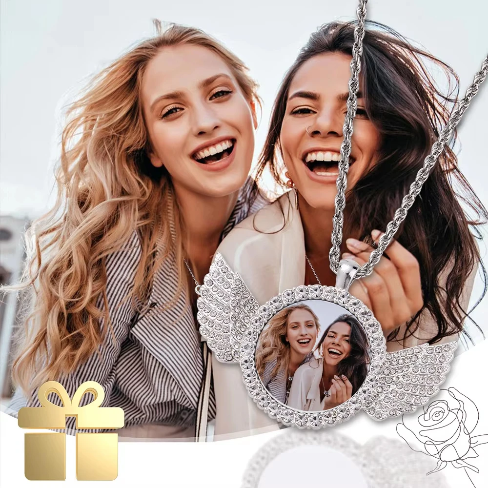 Collar Redondo con Alas de Ángel y Foto Personalizada, Colgante con Imagen Personalizada y Cadena Tennis, Joyería Conmemorativa Unisex para Hombres y Mujeres