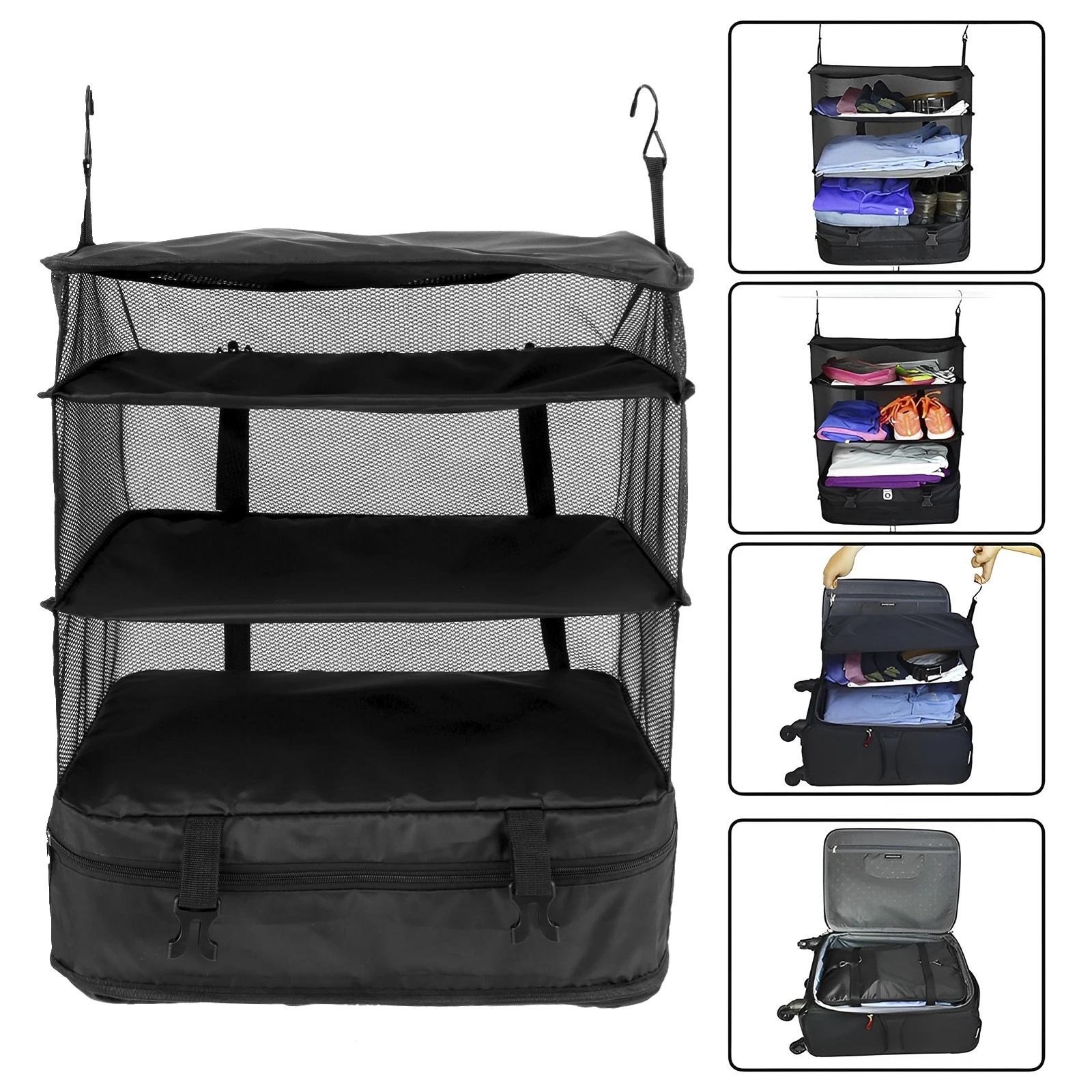 Organizador de equipaje de viaje, estantes de viaje portátiles, bolsa de maleta de 3 estantes, cubo de embalaje, bolsa de almacenamiento de armario colgante plegable, espacio