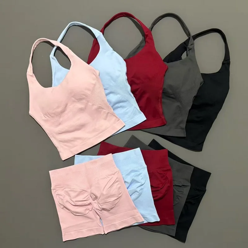 Conjunto de 2 piezas de pantalones cortos de yoga para mujer, top halter sin espalda, pantalones cortos sin costuras de cintura alta, traje de gimnasio, ropa deportiva, conjuntos de entrenamiento
