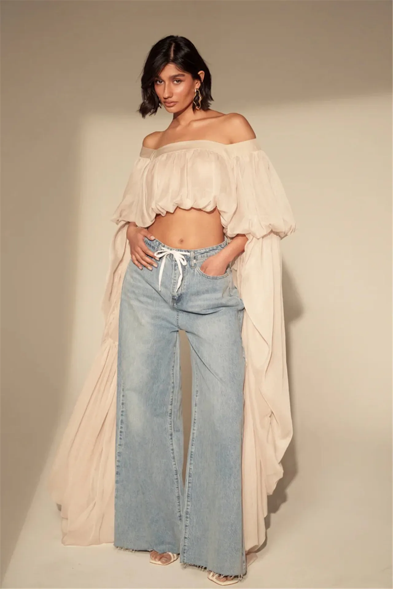 Blusa Túnica Fluida de Cuello Cuadrado con Mangas Murciélago Largas con Volantes, Blusa Holgada de Gasa para Mujer, Estilo Bohemio Casual Elegante