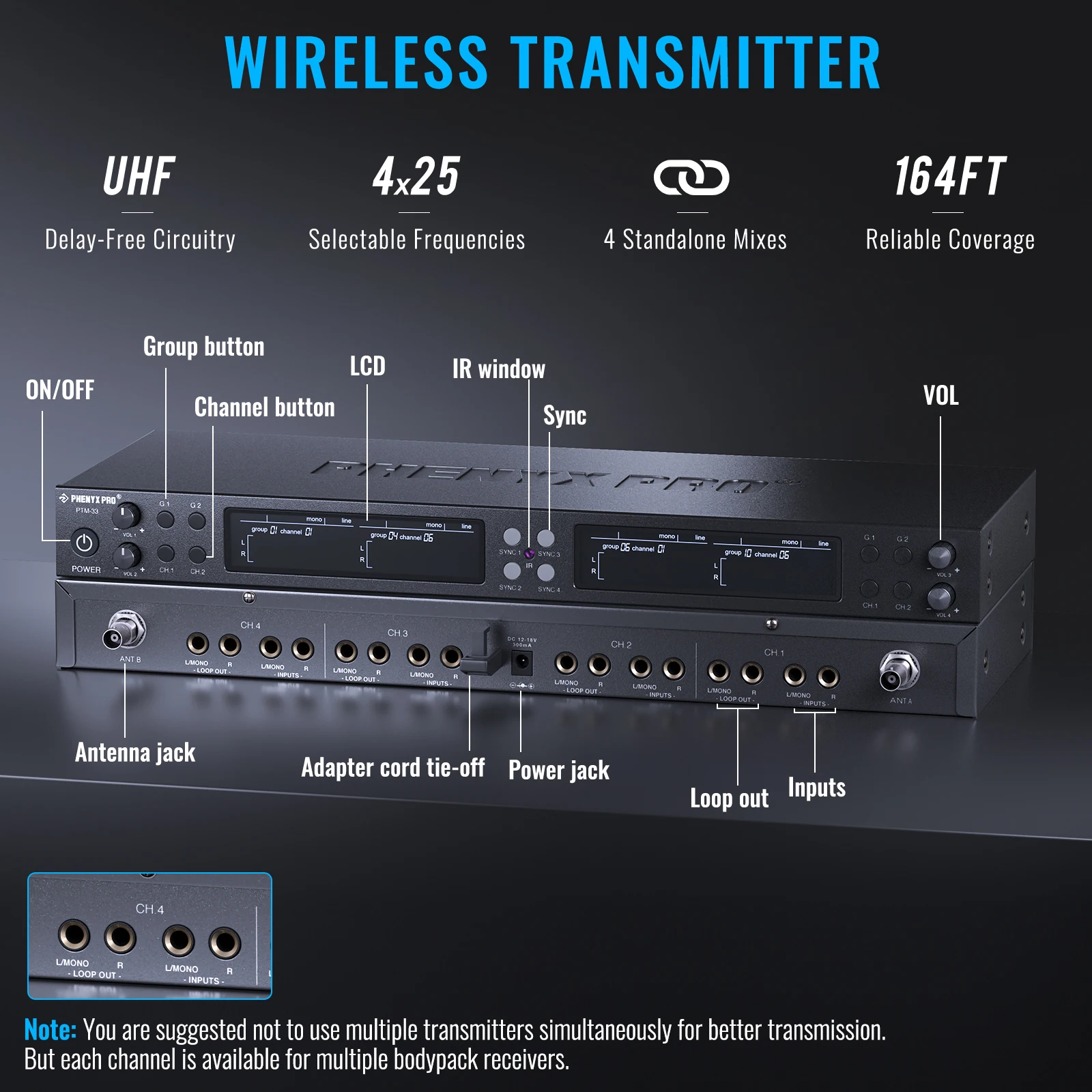 Phenyx Pro Sistema de Monitor intrauditivo inalámbrico Mono, cuatro canales, 500mhz, con 4 salidas de bucle, frecuencias UHF, montaje en Rack para estudio/banda