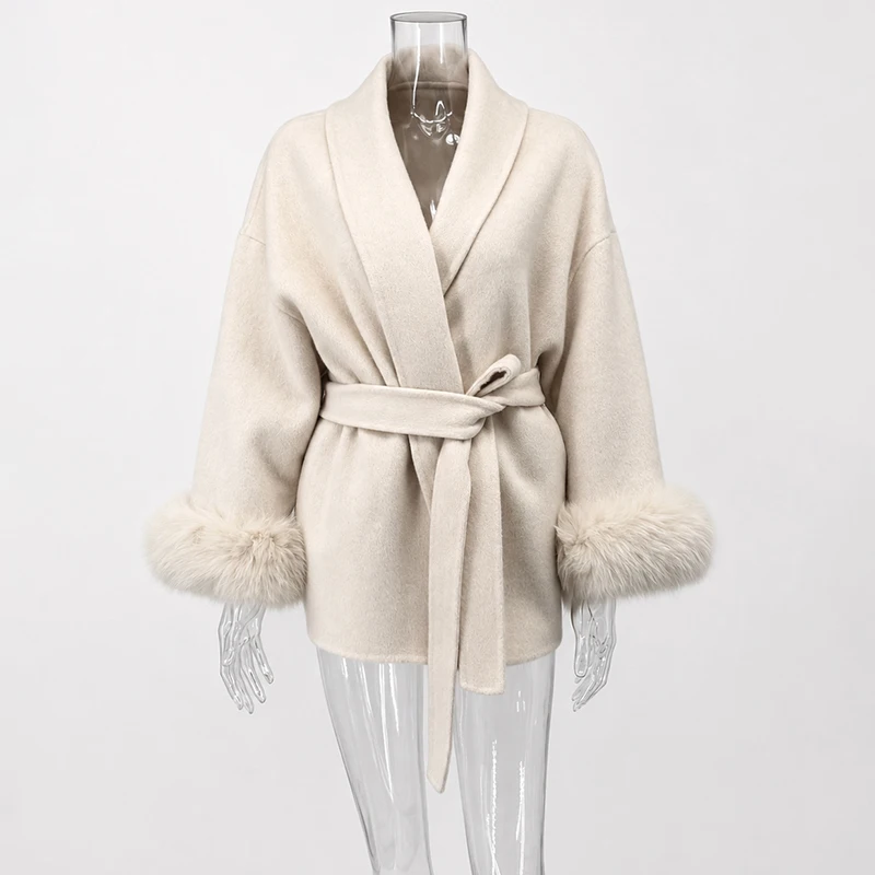 Abrigos de lana de piel de zorro TARUXY, abrigo corto para mujer, abrigo de lana de doble cara elegante extraíble para oficina para mujer, chaqueta cárdigan nueva 2025