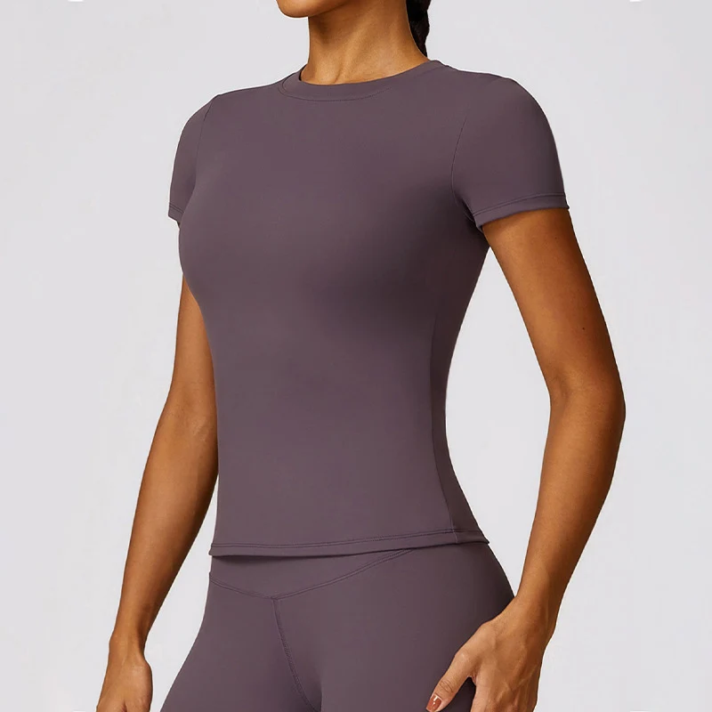Camiseta deportiva para mujer, camiseta de verano de manga corta para correr, cuello redondo, transpirable, elástica, para gimnasio, Yoga, Fitness, Top activo