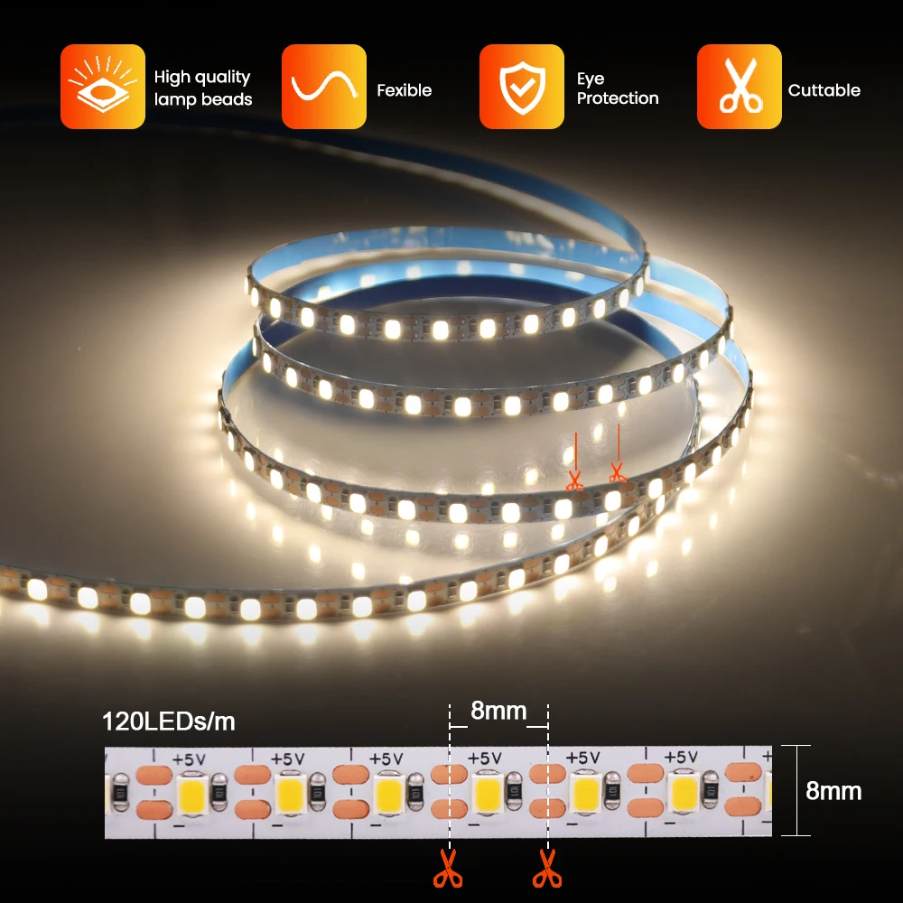 Tira de luces LED de 5V 2835, 3mm, 5mm, 8mm, ancho PCB, 120Leds/m, cinta LED Flexible, diodo, cable USB/2PIN, luces Led para decoración de habitación