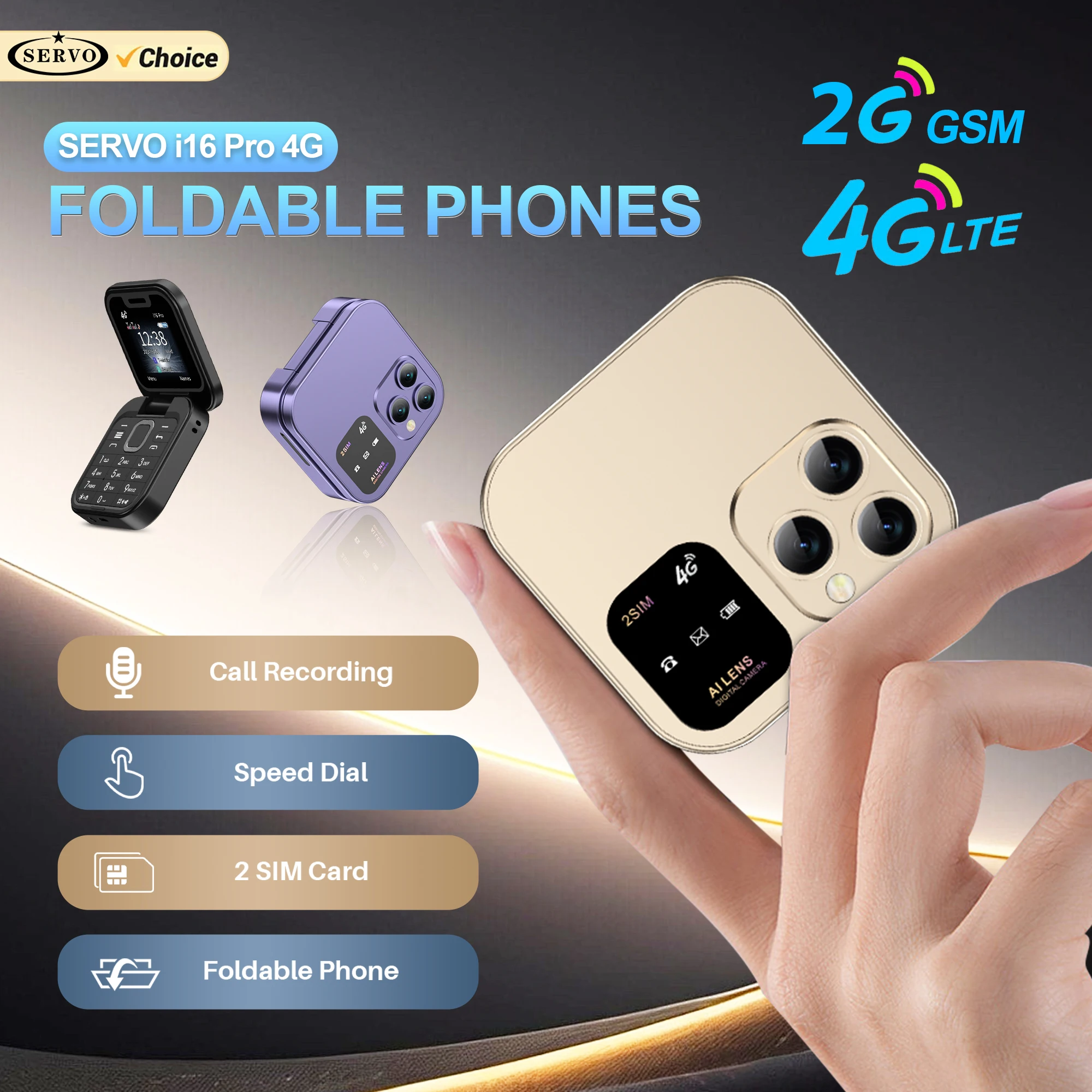 SERVO i16 Pro 2G GSM/4G LTE red pequeño teléfono móvil con tapa 2 SIM llamada en espera grabación velocidad Dial 1,77 "Mini teléfono móvil plegable