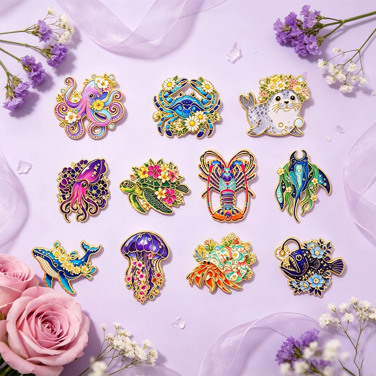 Juego de 11 broches de esmalte con diseño floral y de animales marinos, bonitos broches de ballena, pulpo y tortuga, insignias para mochila y solapa, accesorios de joyería, regalos