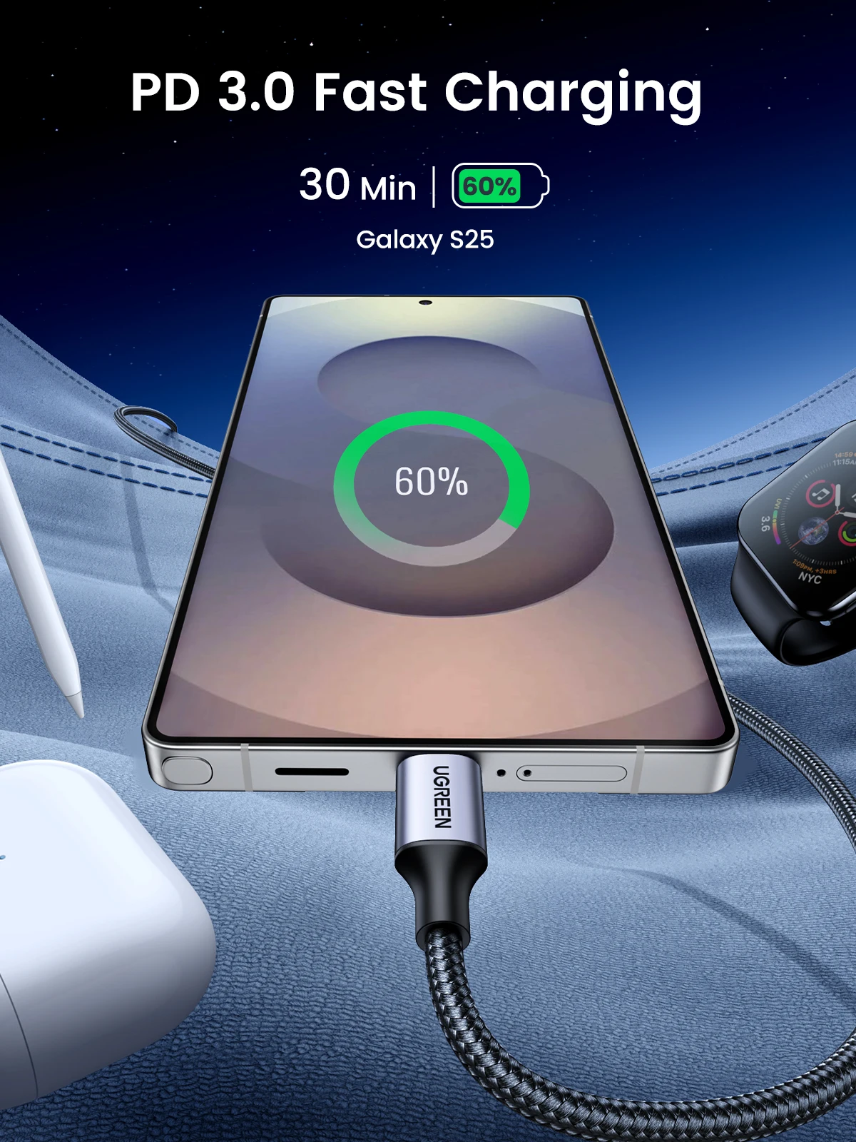 Cable de Carga Rápida UGREEN PD3.0 de 60W USB Tipo-C a USB-C para iPhone 17 16 MacBook Air iPad Samsung Xiaomi