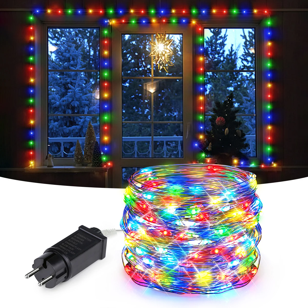 Guirnalda de luces LED de alambre de cobre para decoración navideña, enchufe europeo y estadounidense, 220V, 110V a 24V