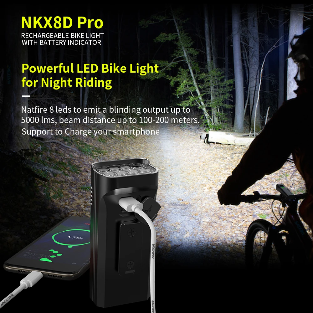 NATFIRE-luz Digital para bicicleta, 10000mAh, indicador de batería, juego de luces para bicicleta recargable por USB con 3 soportes, 8 linterna LED