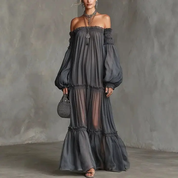 Elegante Vestido Maxi con Hombros Descubiertos y Mangas Largas Abullonadas para Mujer, Transparente con Volantes en Capas, Fluido, para Playa, Vacaciones, Noche, Vestidos