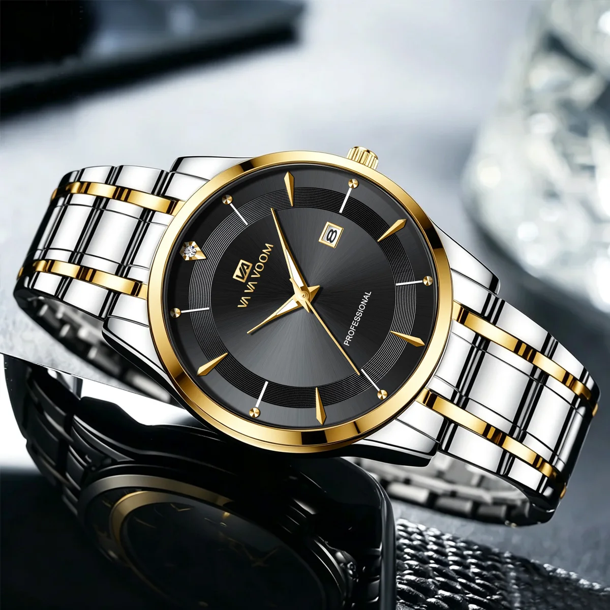 Reloj para hombre con caja de 43mm, estilo de acero inoxidable, diamantes de imitación de lujo, resistente al agua hasta 3bar, movimiento de cuarzo, relojes de negocios, relojes masculinos