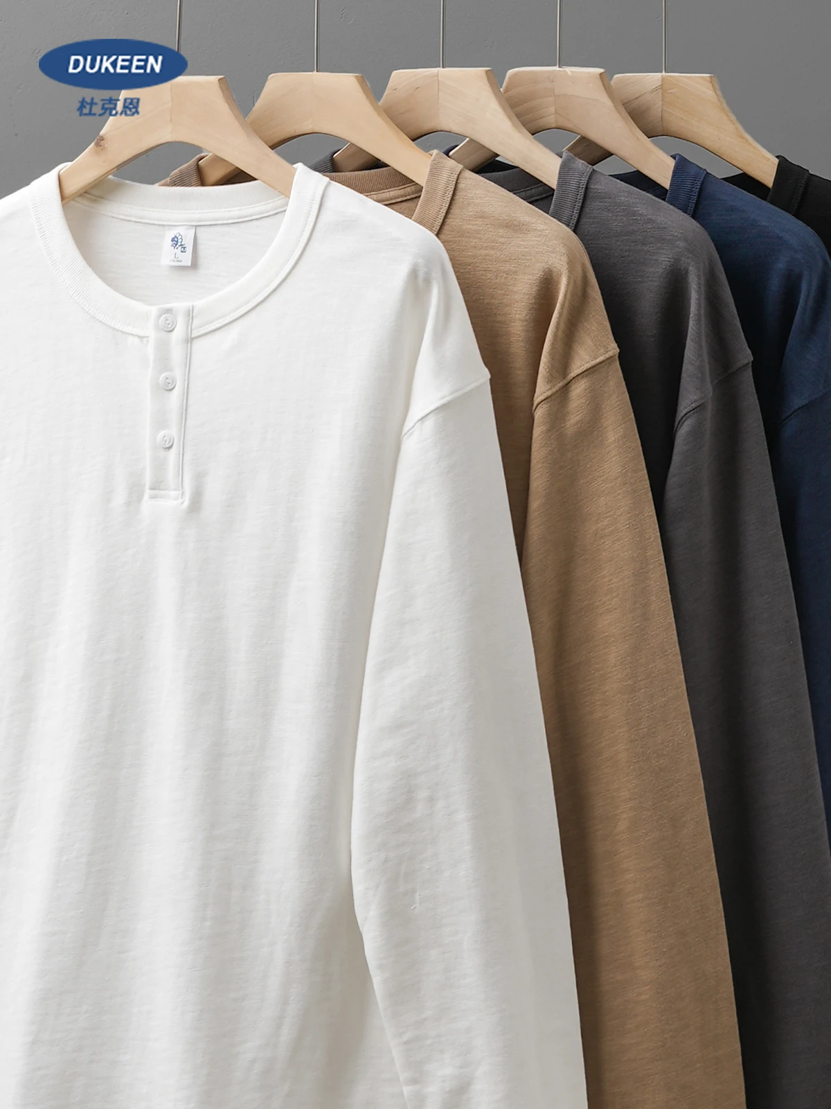 Dukeen 320G peso pesado 100% algodón Henley cuello camiseta para hombres de manga larga primavera otoño Casual Tops camisetas interiores de Color sólido