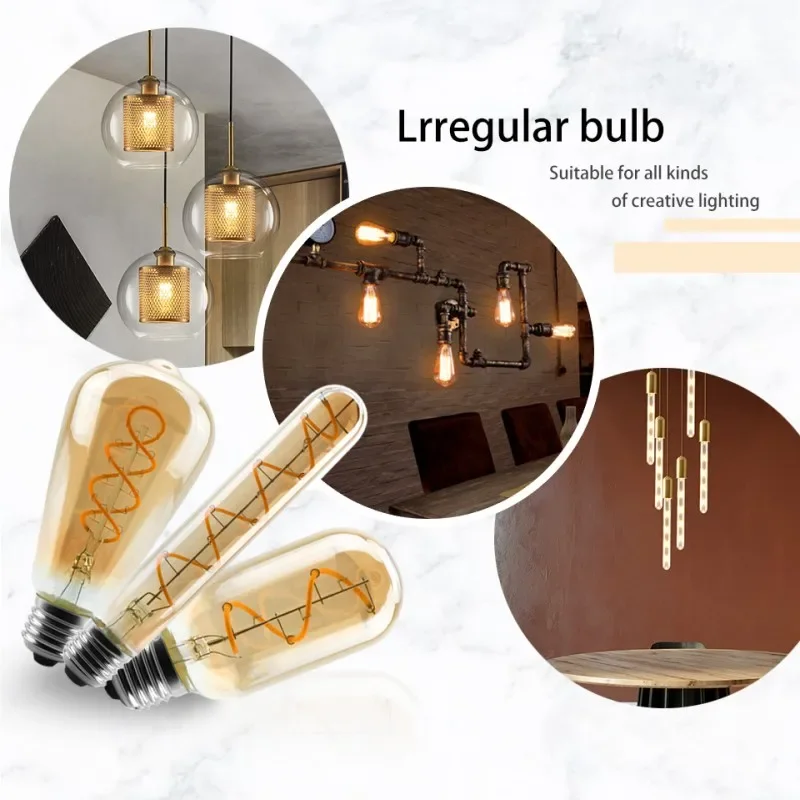 Bombilla LED de Filamento Espiral Retro A60 C35 ST64 T45 G80 G95 G125 T1225 4W E27 220V Regulable, Lámpara Edison 2200K Luz LED Amarilla Cálida