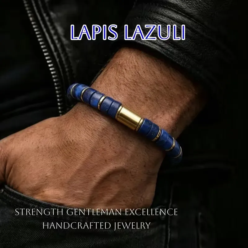 Pulsera de cuentas de lapislázuli natural para mujeres y hombres que simboliza la fuerza y el éxito, joyería elástica para regalo.