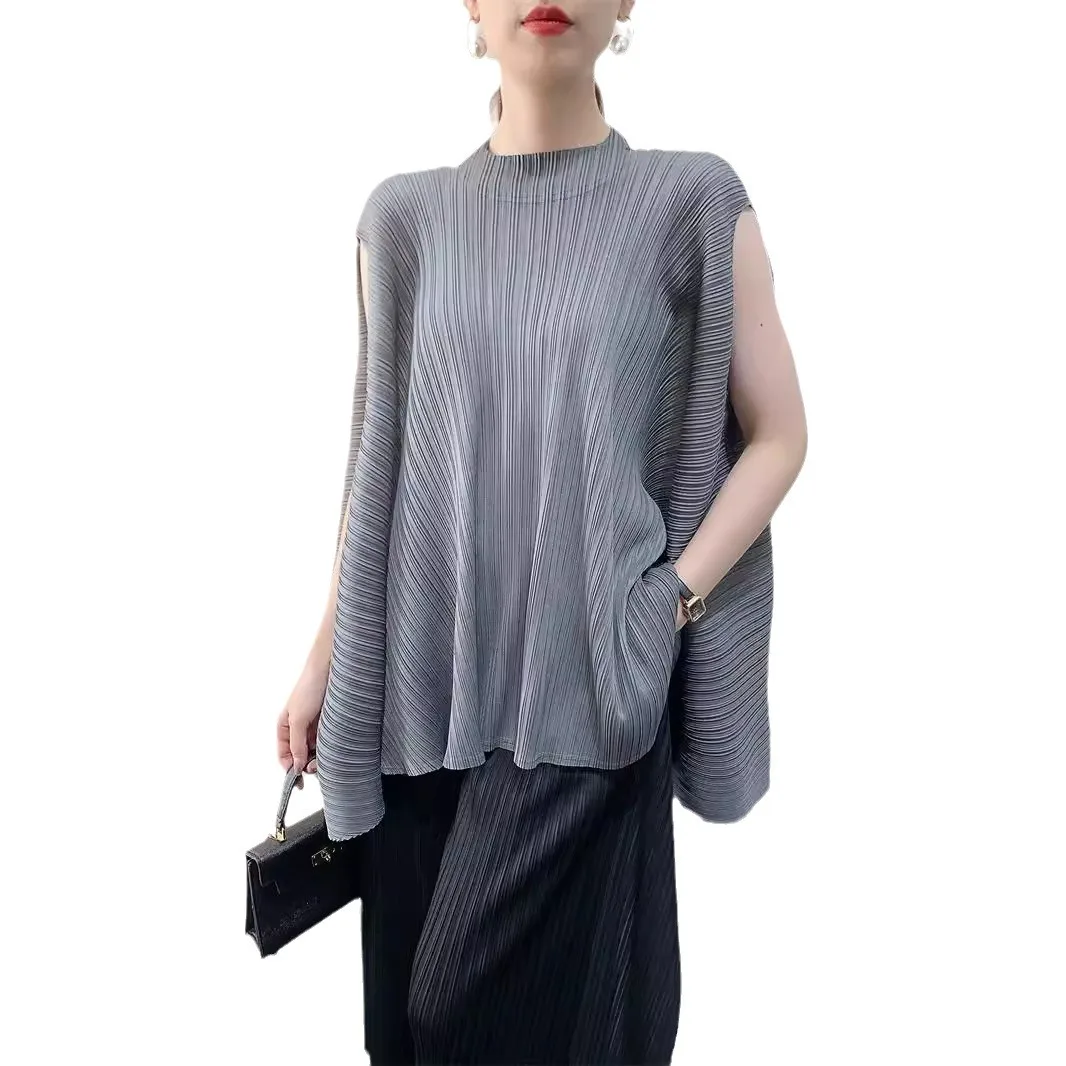 Miyake-Camiseta plisada de talla grande para mujer, Tops con diseño de nicho, camiseta holgada de manga corta plisada de gama alta para verano 2025