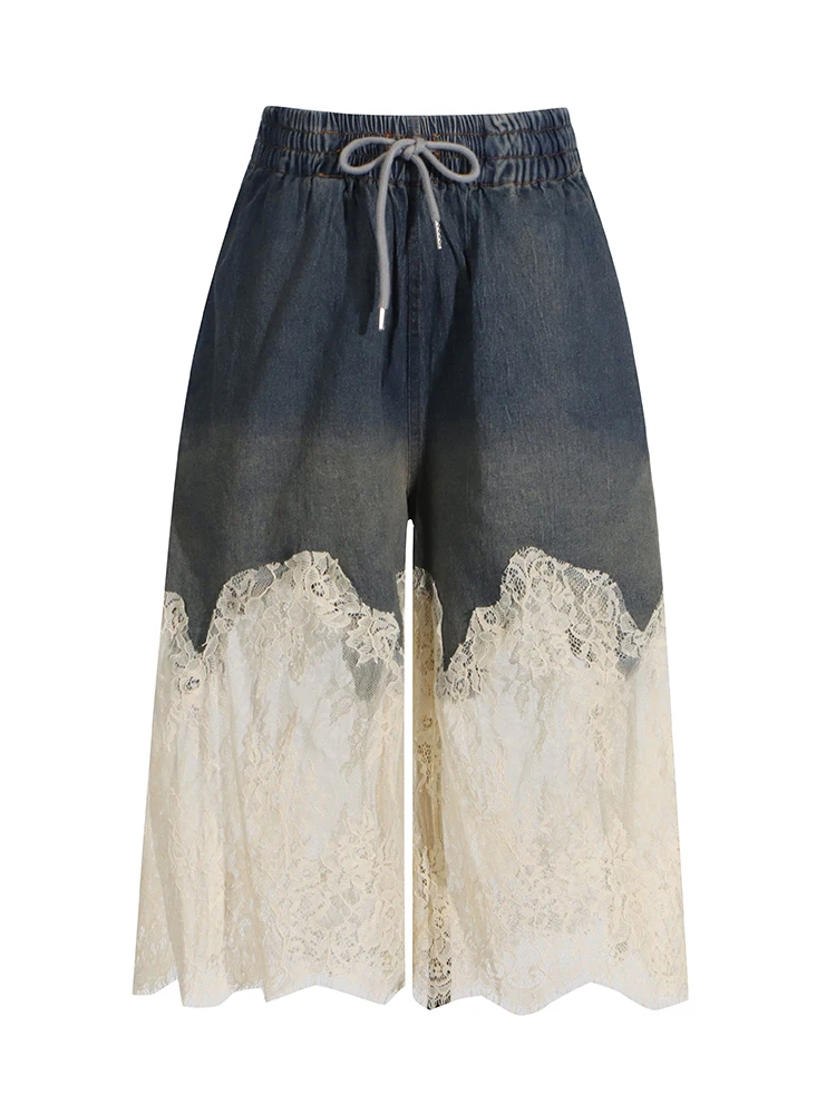TWOTWINSTYLE-Conjunto de dos piezas de encaje de retazos para mujer, Tops sin mangas con cuello en V, pantalones sueltos de cintura alta, conjuntos de mezclilla adelgazante, nuevo