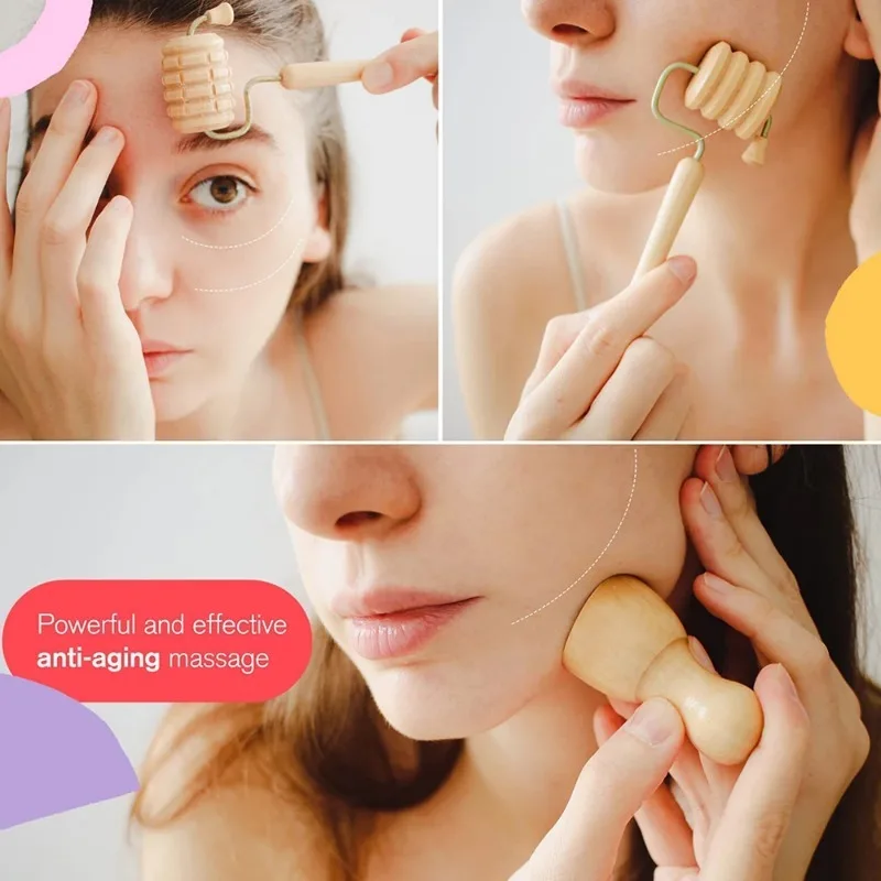 Rodillo de masaje Facial de madera, eliminador de arrugas, herramienta anticelulítica Gua Sha, rodillo de maderoterapia de tejidos faciales