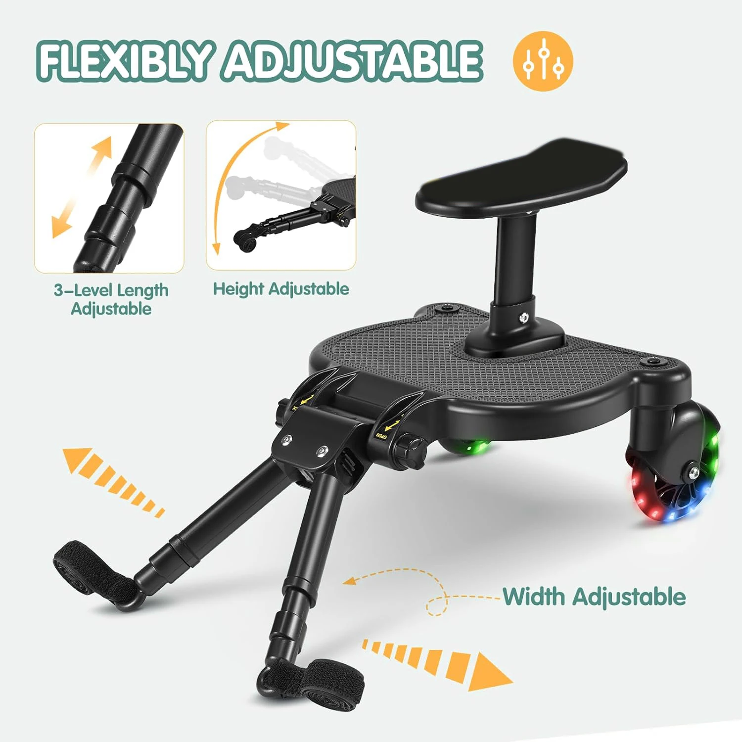 Plataforma Universal para Cochecito con Asiento, Adaptador de Plataforma para Cochecitos, Plataforma para Niños con Ruedas LED, Soporta hasta 55 Libras