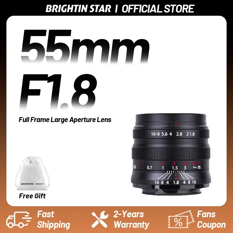 Lente Brightin Star de 55 mm F1.8 de fotograma completo con gran apertura y enfoque manual para cámaras sin espejo Canon RF, Sony e, Nikon Z, R6, R8, A7R, ZFC