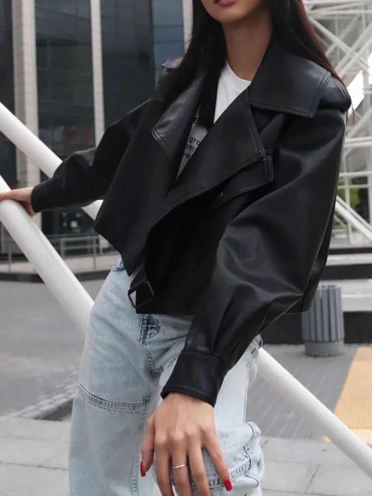 Ailegogo-Chaqueta corta de cuero sintético para mujer, abrigo holgado con bolsillos grandes, ropa de calle para motociclista, primavera y otoño