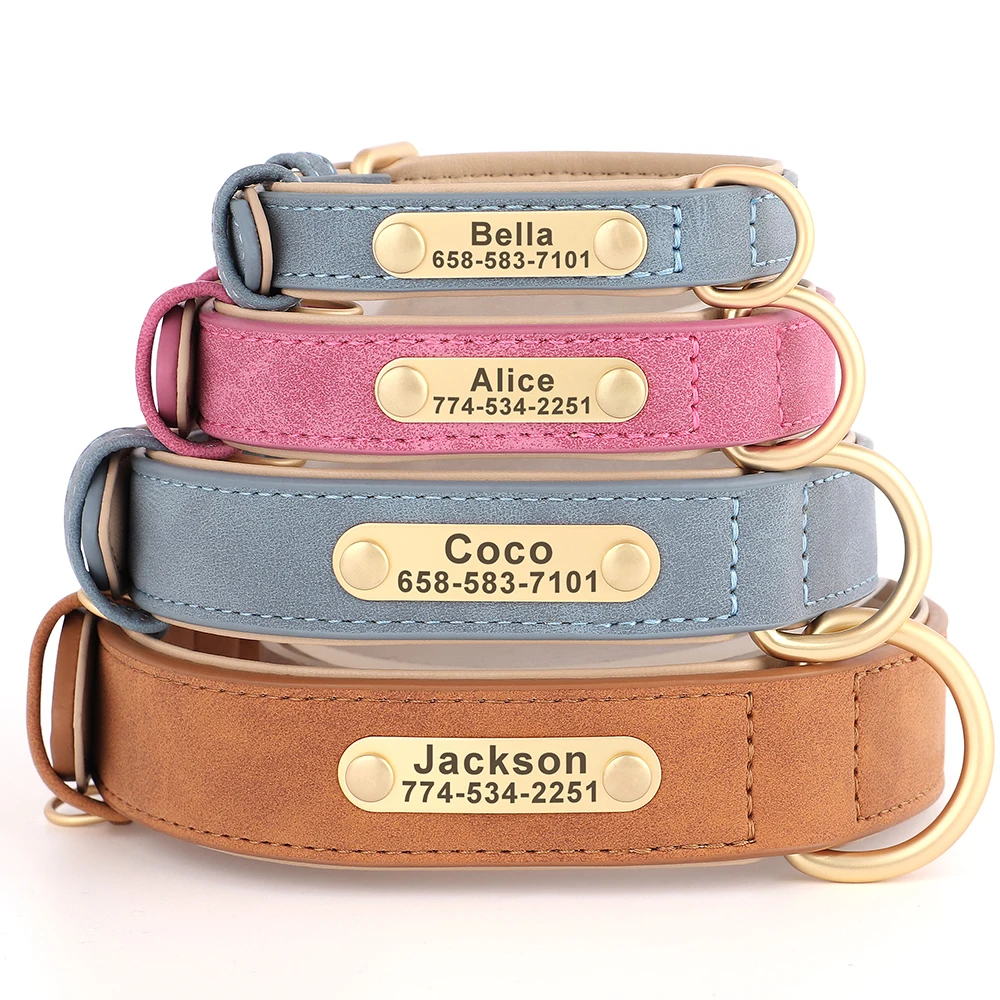 Collar de perro personalizado, collares de cuero PU grabados personalizados para perros, placa de identificación con grabado gratis para perros pequeños, medianos y grandes