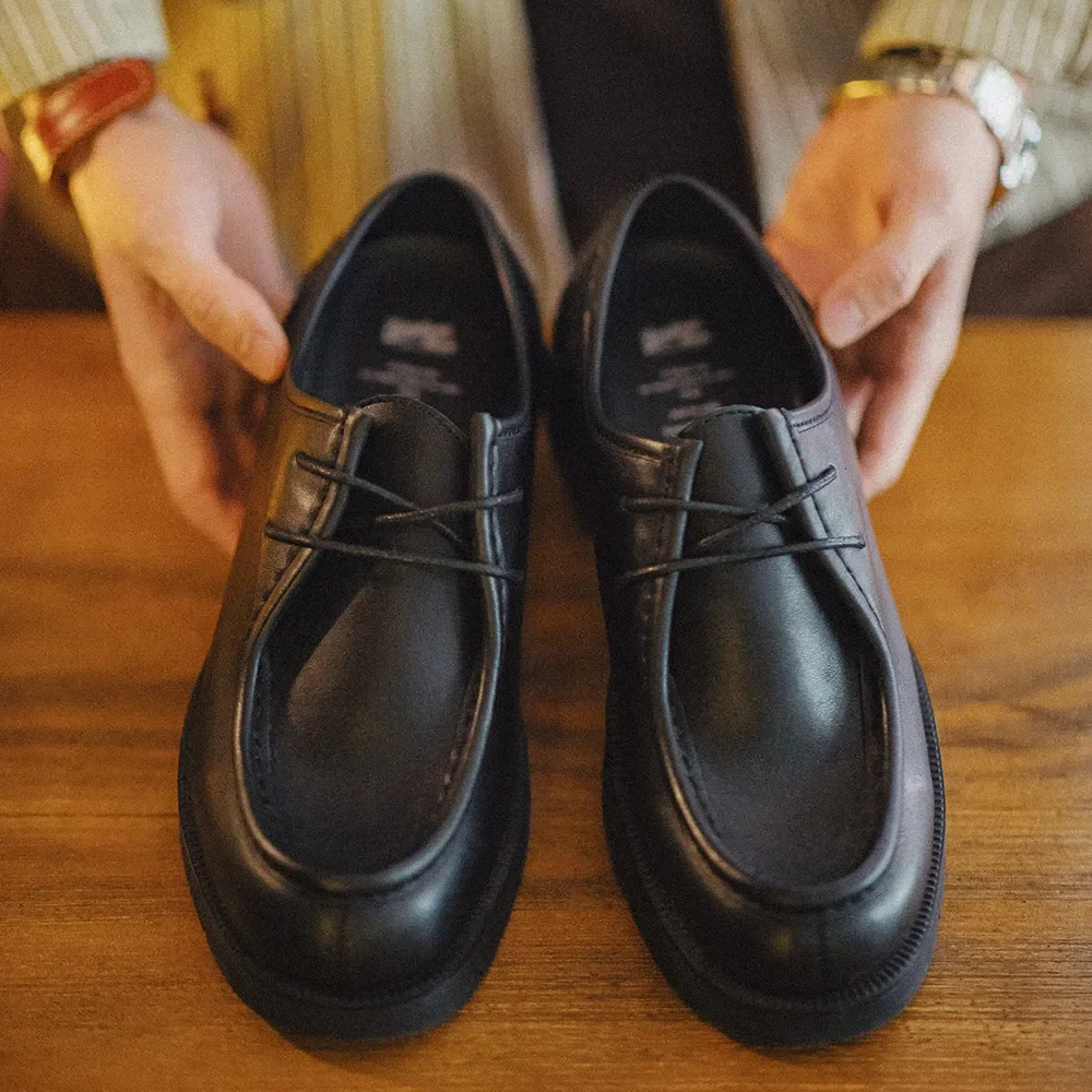 Maden Zapatos Derby negros vintage para hombre Mocasines con cordones de cuero con punta redonda Estilo británico Negro Oficina Low-top para negocios