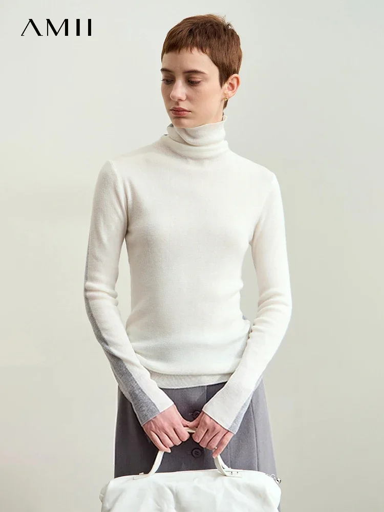 Amii-suéteres minimalistas de invierno para mujer, Tops de punto suaves ajustados de manga larga con cuello alto, jersey de retales, ropa 2024 12414019