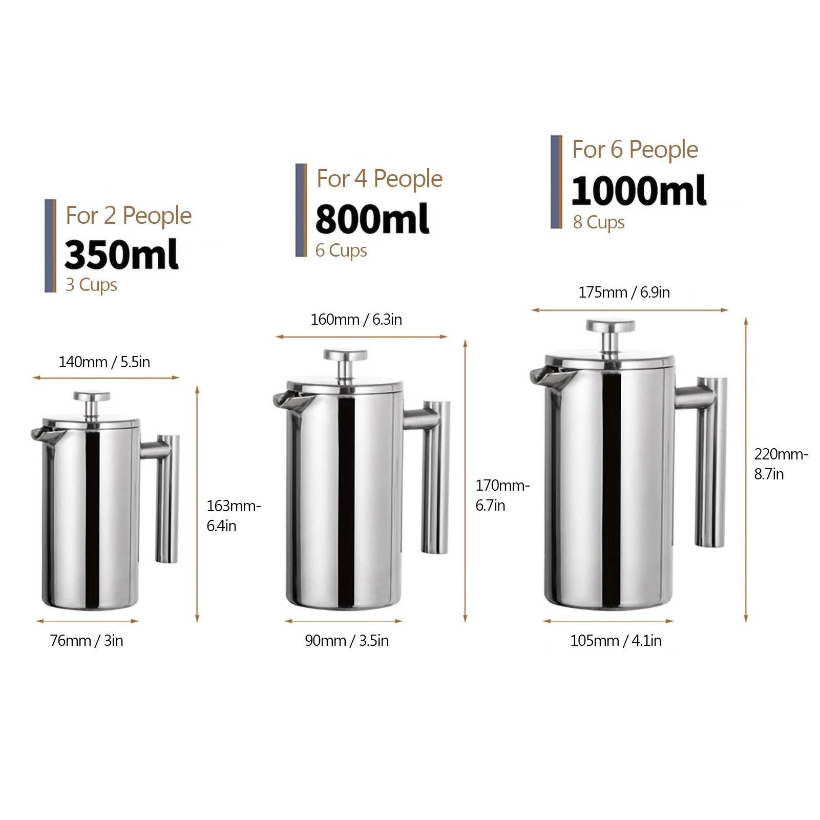 Prensa francesa con filtro, cafetera hecha a mano de acero inoxidable, aislamiento de doble pared de alta calidad, 350ml/800ml/1000ml