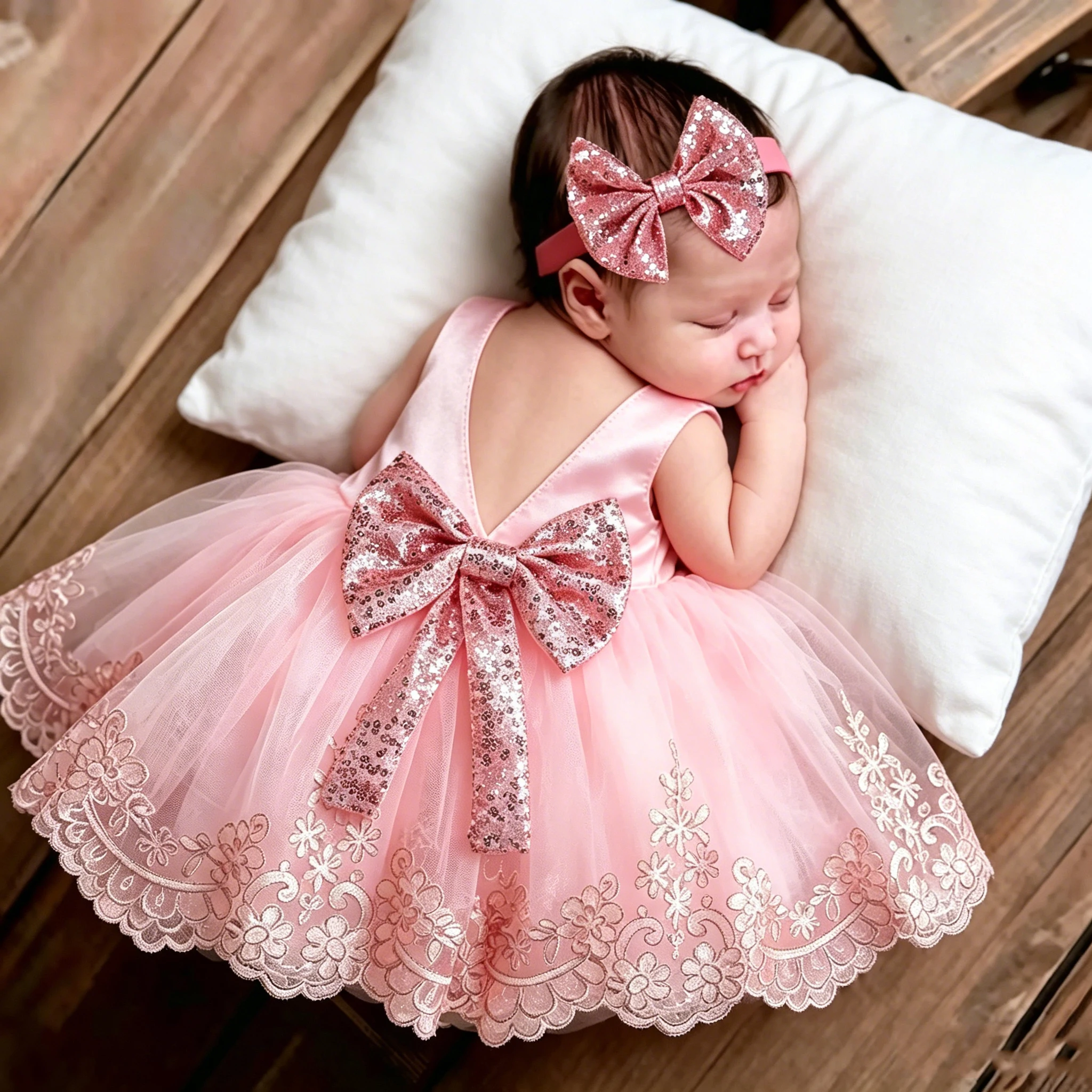 Ylsteed - Conjunto de Ropa para Fotografía de Recién Nacidos, Vestido de Encaje con Lazo Grande para Niña, Diadema con Lazo Brillante, Vestido para Sesión de Fotos de Bebé de 100 Días