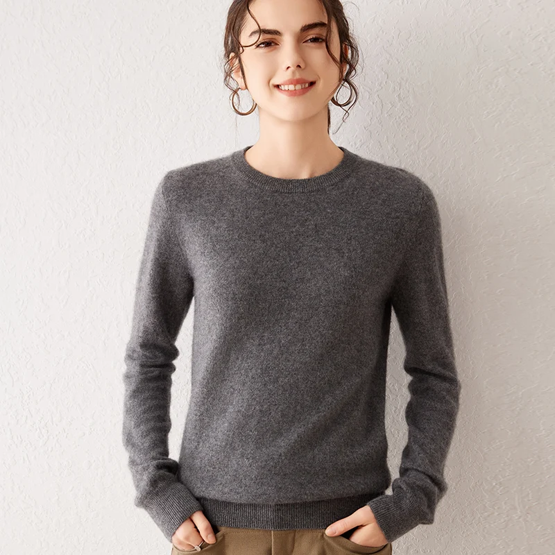 Suéter de Cachemira 100% Pura para Mujer, Otoño-Invierno 2026, Cuello Redondo, Manga Larga, Cálido, Suave, Tejido, Nuevo, Ropa de Mujer