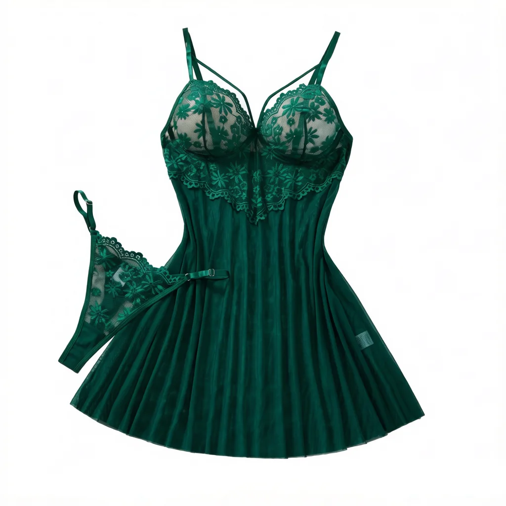 Conjunto de Lencería Babydoll de Encaje Floral con Diseño de Margaritas Verdes, Camisón Transparente con Tanga a Juego, Ropa de Dormir Sexy para Mujer ZA825096
