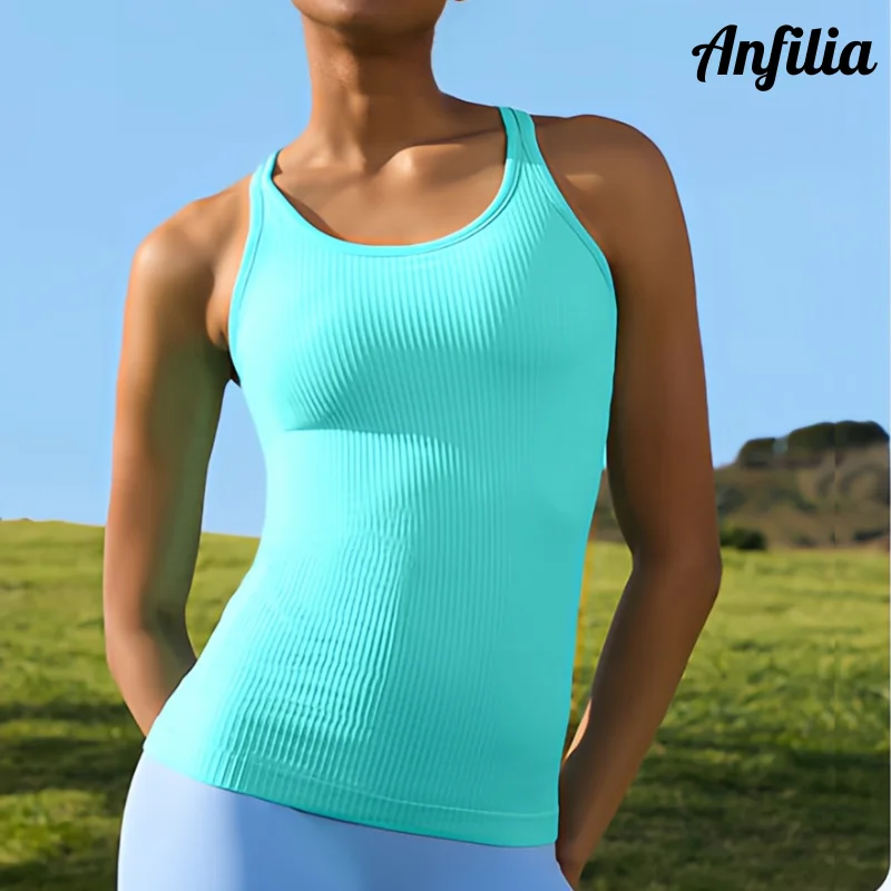 Anfilia-camisetas sin costuras para mujer, camisetas sin mangas para Yoga, sujetadores incorporados, tejido elástico alto acanalado, espalda cruzada, longitud de cadera, cuello redondo, camisetas de entrenamiento ajust